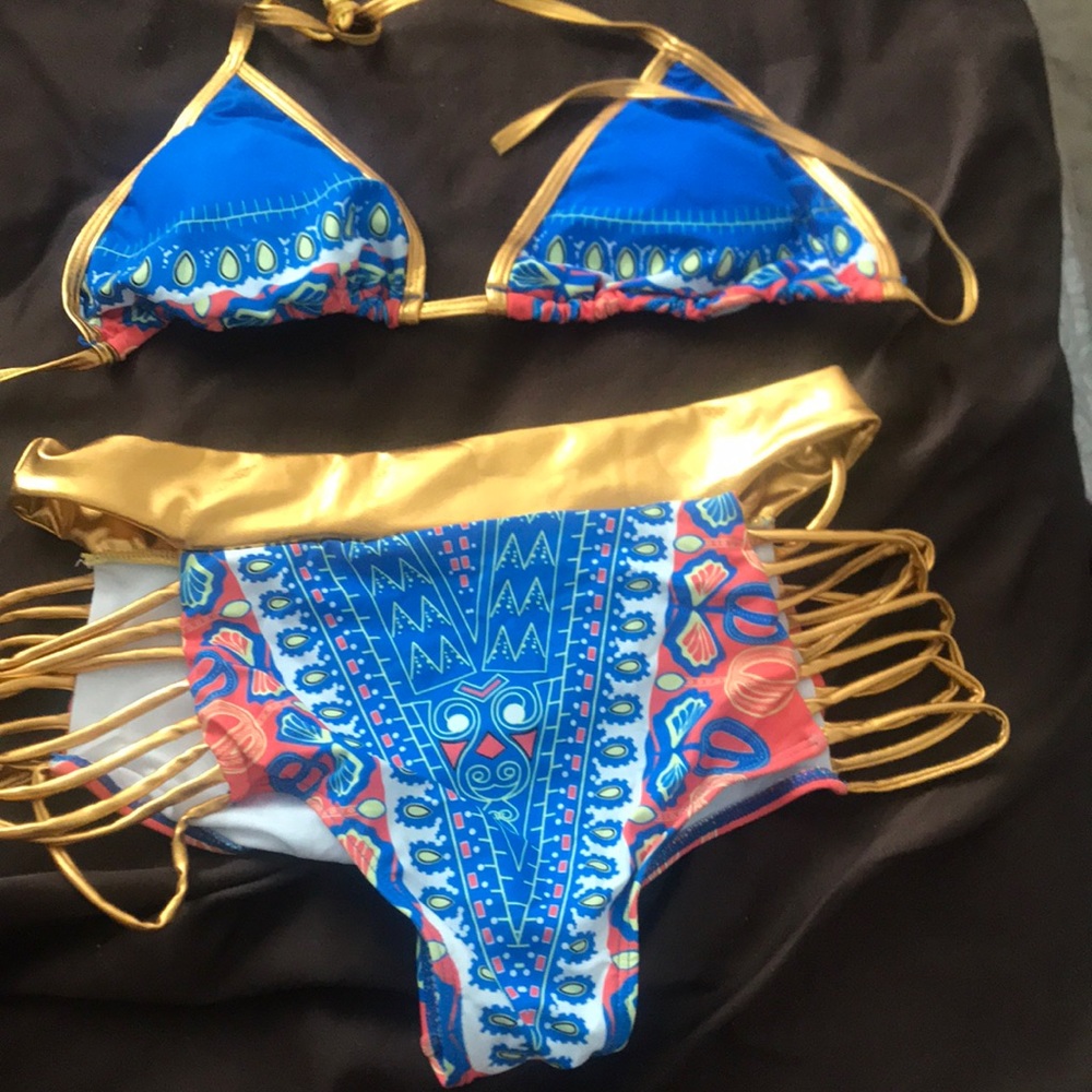 Blue and gold two piece bathing suit
